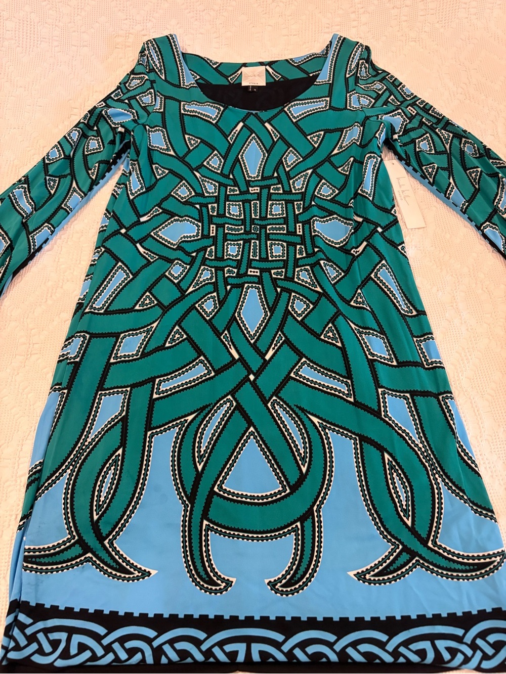 Nicole Miller Studio Teal & Light Blue Geometric Long Sleeve Dress, NWT